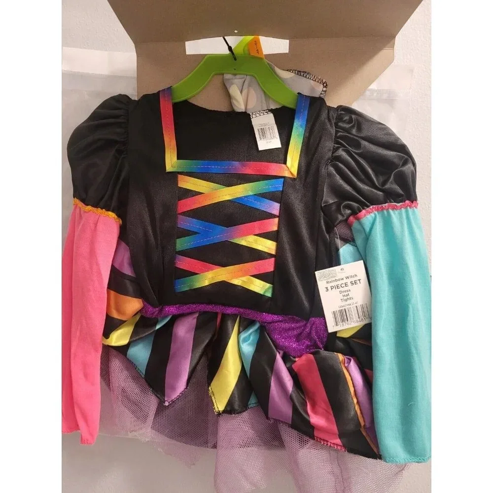 GIRLS 2T 3 PIECE -RAINBOW WITCH HALLOWEEN COSTUME- INCLUDES DRESS HAT TIGHTS NEW